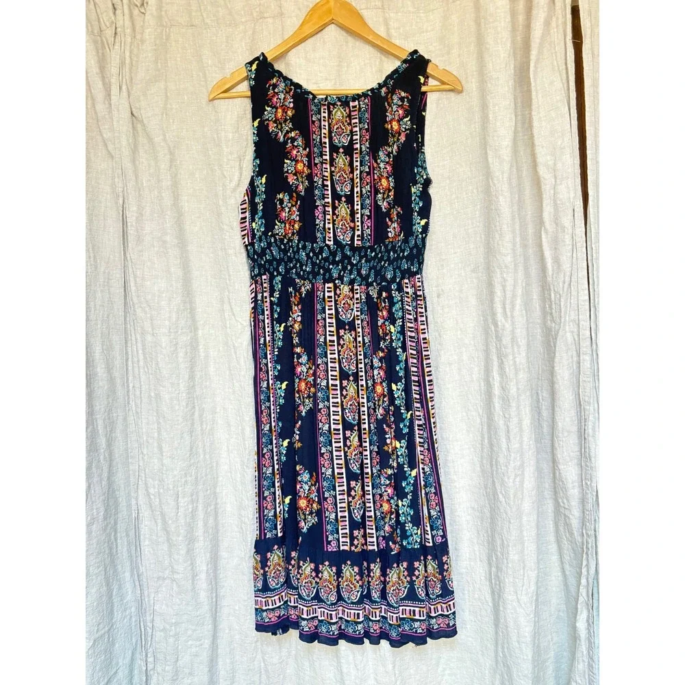 Bila Boho Dress Small Floral Paisley Rayon Smocked‎ Waist Sleeveless